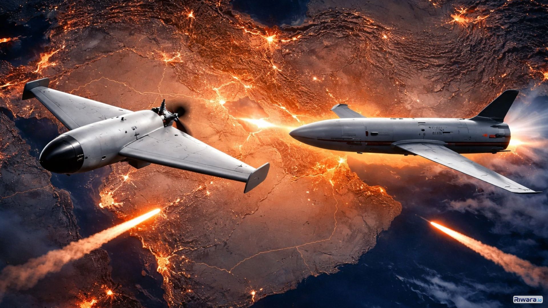 Ilistrasi Drone kamikaze Shahed-136 milik Iran menjadi salah satu senjata utama dalam gelombang serangan drone dan rudal terhadap target militer Israel dan pangkalan Amerika Serikat di kawasan Timur Tengah.